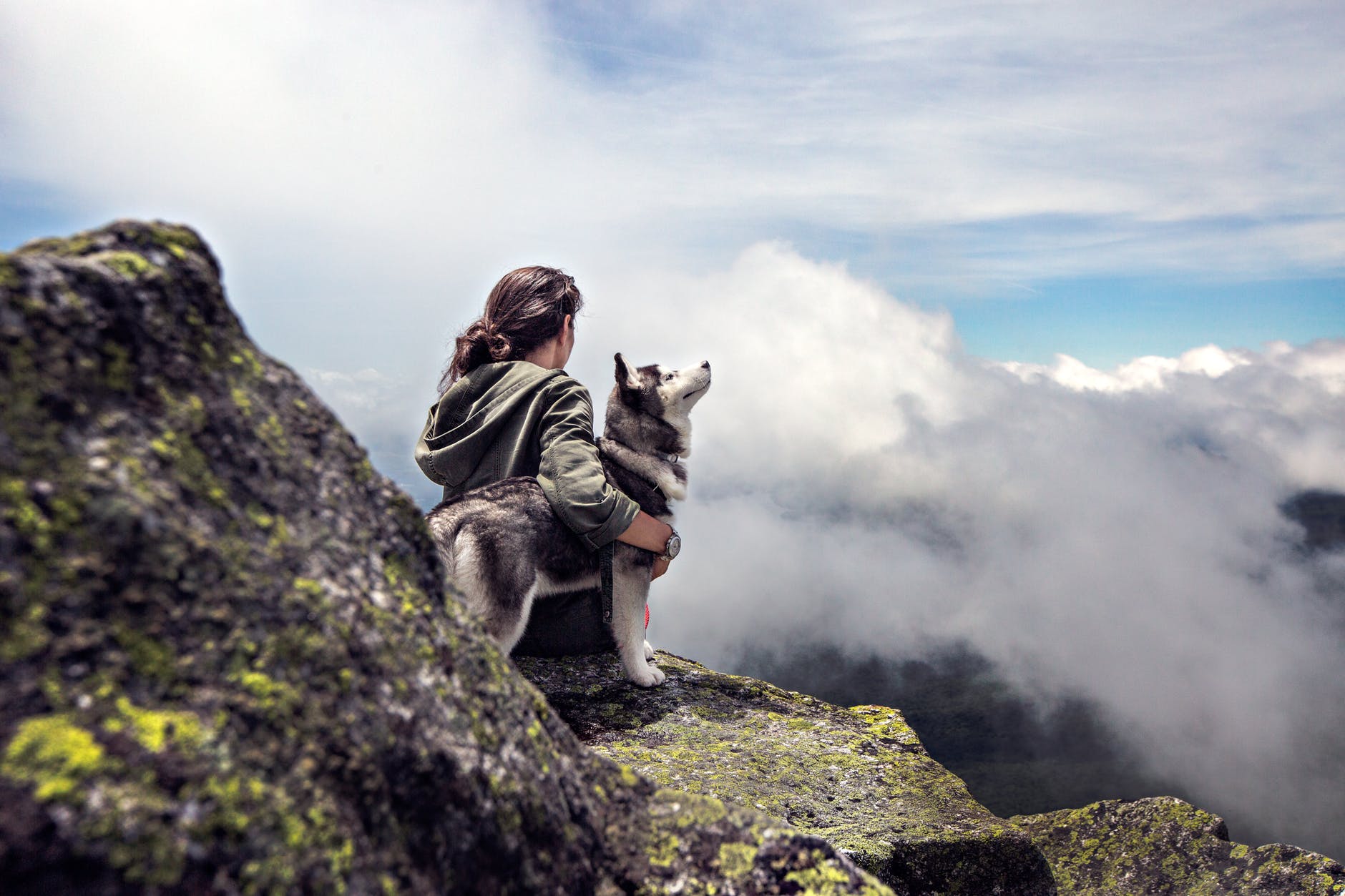 clouds girl mountain dog